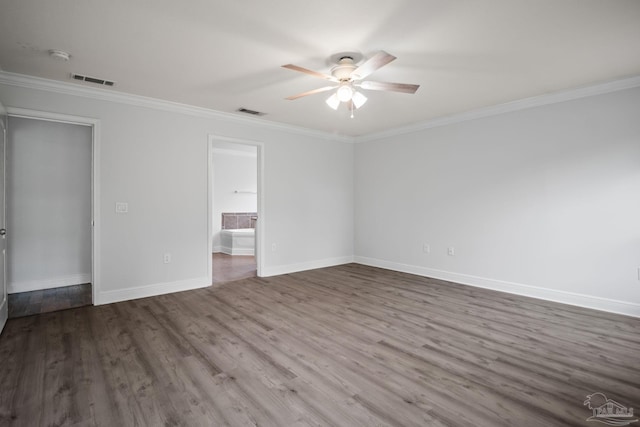 unfurnished room featuring ornamental molding, hardwood / wood-style flooring, and ceiling fan