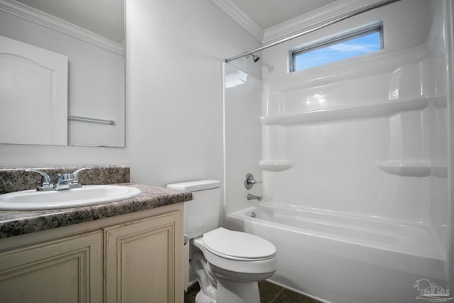 full bathroom featuring crown molding, vanity, toilet, and shower / washtub combination