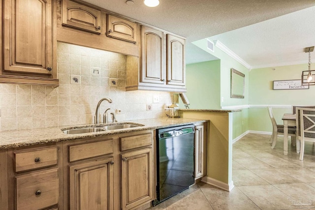 kitchen with dishwasher, sink, light stone countertops, a textured ceiling, and ornamental molding