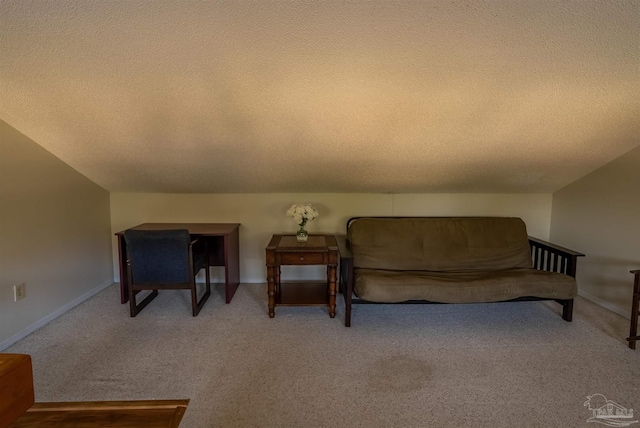 sitting room featuring carpet floors, lofted ceiling, and a textured ceiling