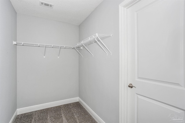 walk in closet with dark colored carpet