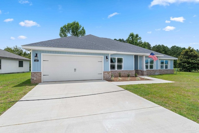 single story home featuring a garage, concrete driveway, a front lawn, brick siding, and roof with shingles