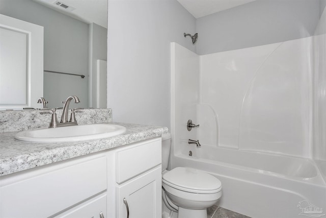 full bathroom with vanity, bathtub / shower combination, toilet, and tile patterned flooring