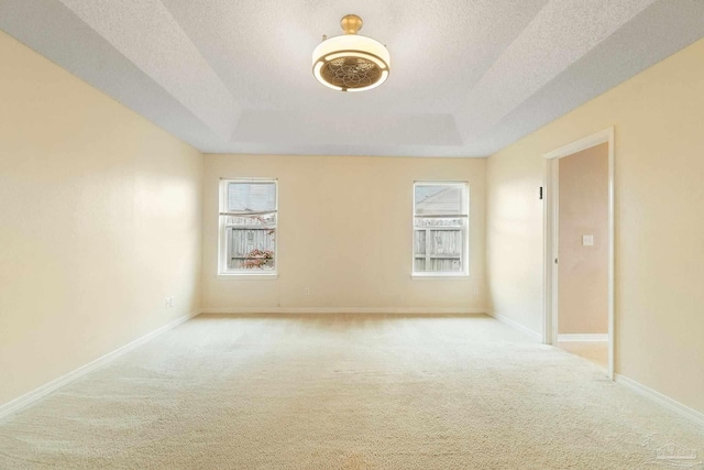 spare room with a tray ceiling, light colored carpet, and a textured ceiling