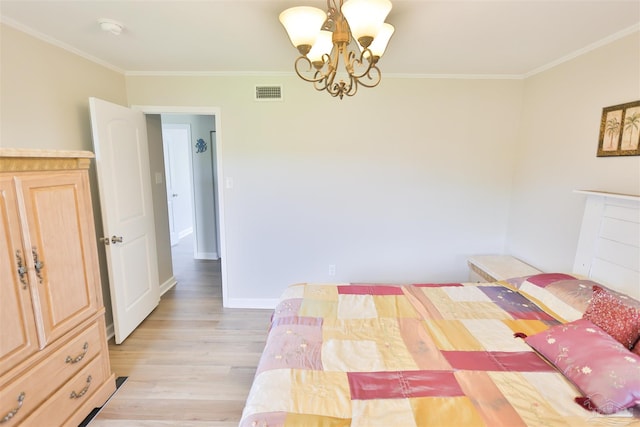 unfurnished bedroom with light wood-type flooring, ornamental molding, and a chandelier