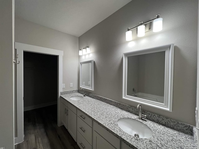 bathroom with hardwood / wood-style flooring, vanity, and a washtub