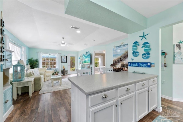 kitchen with ceiling fan, white cabinets, a tray ceiling, and dark hardwood / wood-style floors