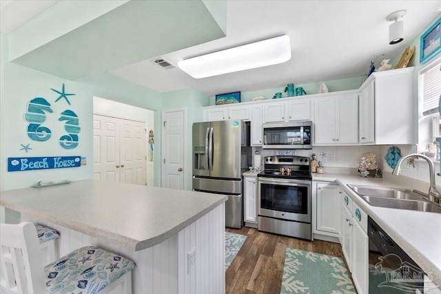 kitchen with sink, dark hardwood / wood-style flooring, kitchen peninsula, white cabinets, and appliances with stainless steel finishes