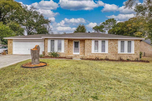 single story home featuring a garage and a front lawn