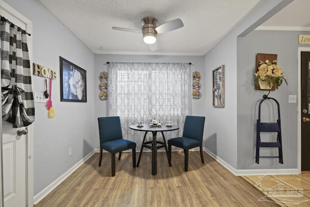 living area featuring hardwood / wood-style floors, a textured ceiling, and ceiling fan