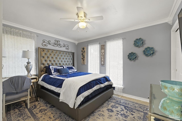 tiled bedroom featuring ceiling fan and ornamental molding