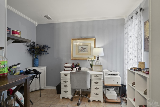 office with crown molding and light tile patterned flooring