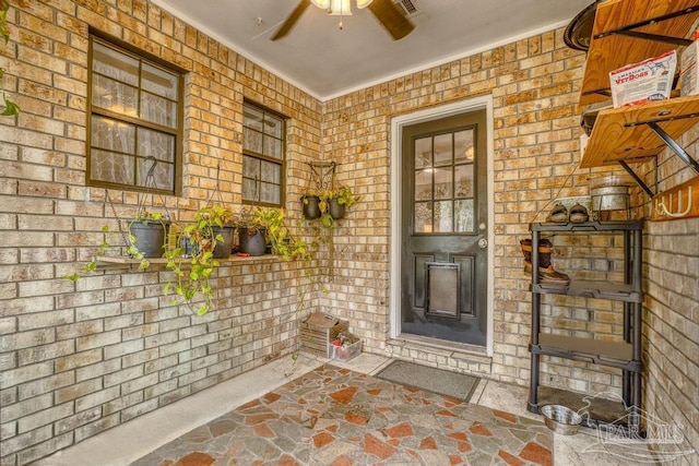 view of exterior entry with ceiling fan