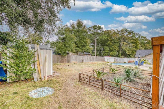 view of yard with a shed and a fenced in pool