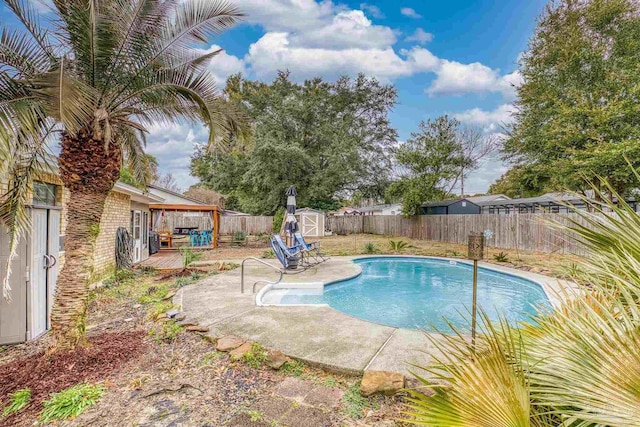 view of swimming pool featuring a shed and a patio