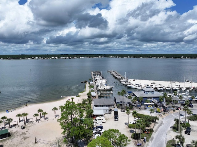 bird's eye view featuring a water view and a view of the beach