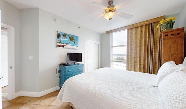 931 W Beach Blvd Unit 501, Gulf Shores, AL 36542 - bedroom with light tile patterned floors, a closet, baseboards, and a ceiling fan