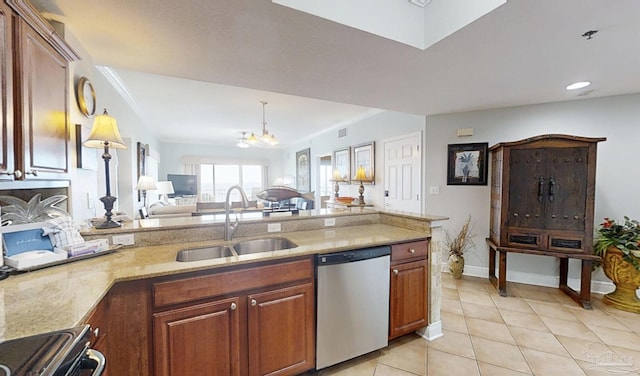 931 W Beach Blvd Unit 501, Gulf Shores, AL 36542 - kitchen with stainless steel dishwasher, a sink, a chandelier, a peninsula, and stove