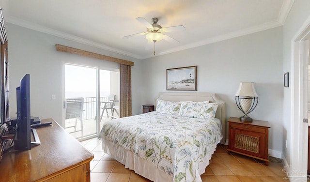 931 W Beach Blvd Unit 501, Gulf Shores, AL 36542 - bedroom featuring light tile patterned flooring, access to outside, crown molding, a ceiling fan, and baseboards