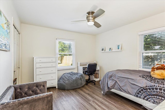 bedroom featuring ceiling fan and hardwood / wood-style flooring