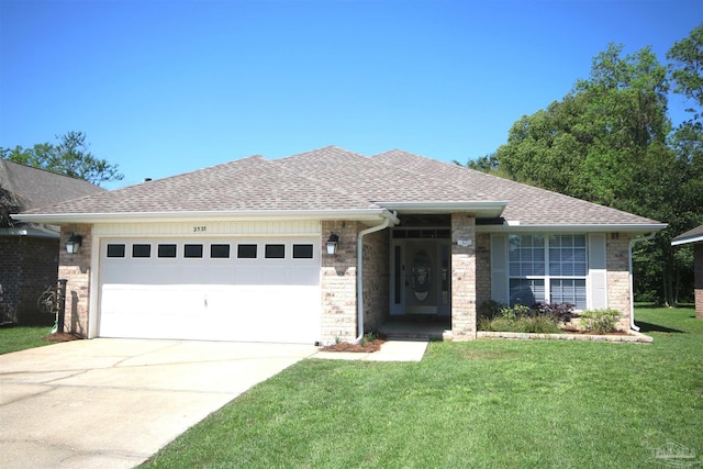ranch-style house featuring a shingled roof, an attached garage, concrete driveway, brick siding, and a front lawn