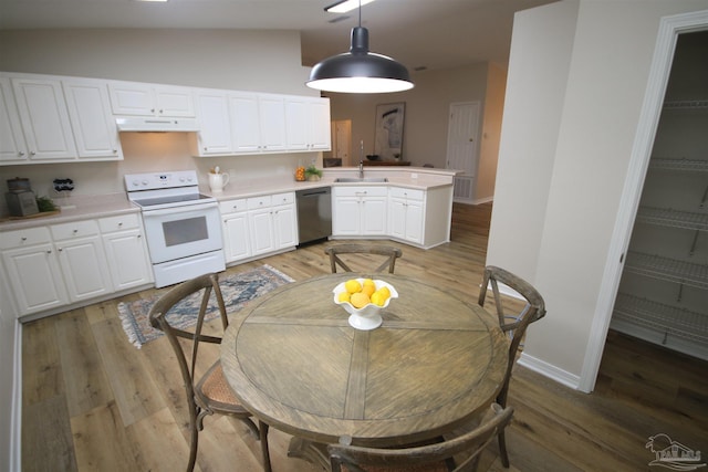 kitchen with a peninsula, light countertops, white electric stove, stainless steel dishwasher, and a sink