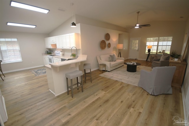 living area with a ceiling fan, vaulted ceiling, and a wealth of natural light