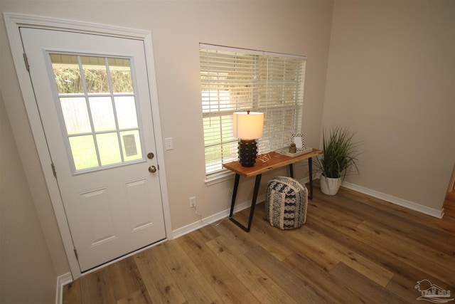 entryway with baseboards and hardwood / wood-style flooring