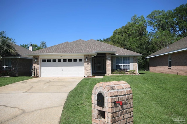 single story home featuring roof with shingles, driveway, a front yard, brick siding, and a garage