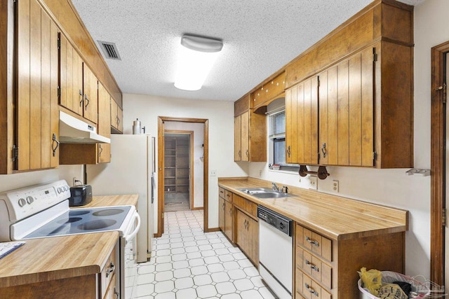 921 Candlestick Dr, Pensacola, FL 32514 - kitchen with white appliances, under cabinet range hood, a sink, light flooring, and a textured ceiling
