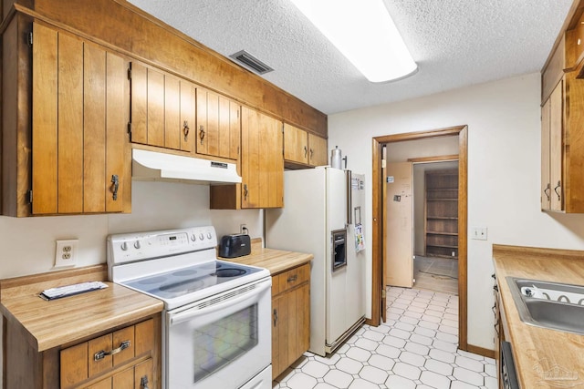 921 Candlestick Dr, Pensacola, FL 32514 - kitchen with white appliances, under cabinet range hood, a textured ceiling, light countertops, and a sink