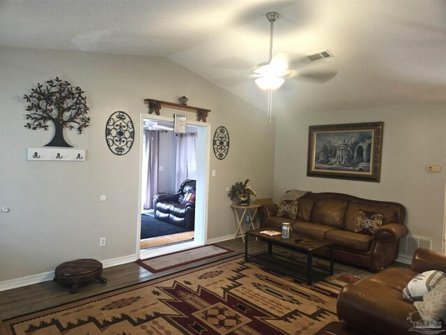 5358 Jenny Cir, Pace, FL 32571 - living room with lofted ceiling, ceiling fan, and wood finished floors