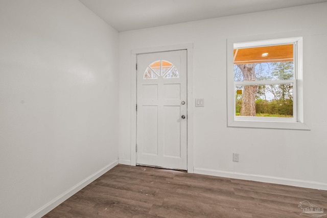 entryway with baseboards and wood finished floors