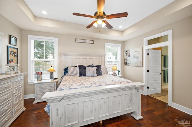 bedroom featuring a raised ceiling, ceiling fan, multiple windows, and dark wood-type flooring