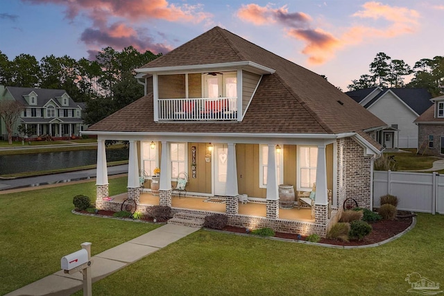 view of front of home with a lawn, covered porch, and a balcony