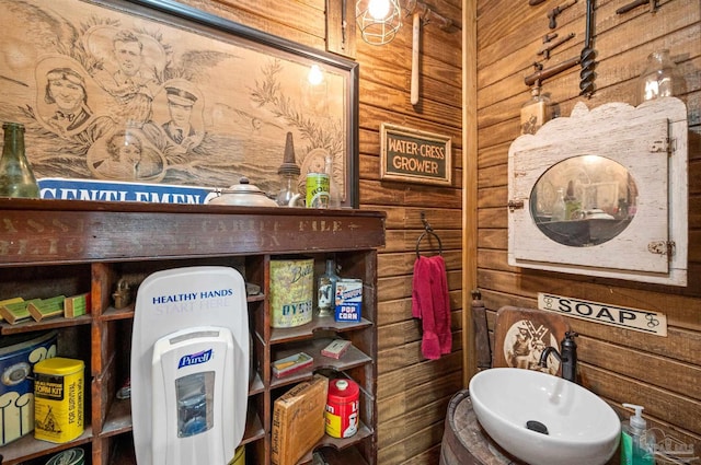 bathroom featuring sink and wood walls