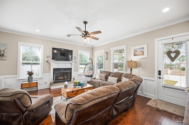 living room featuring ceiling fan, ornamental molding, and dark hardwood / wood-style floors