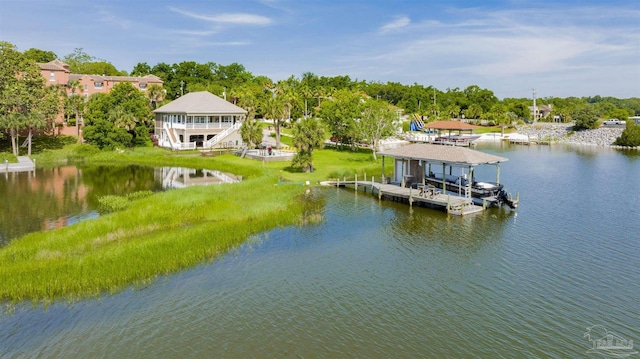 view of dock with a water view and boat lift