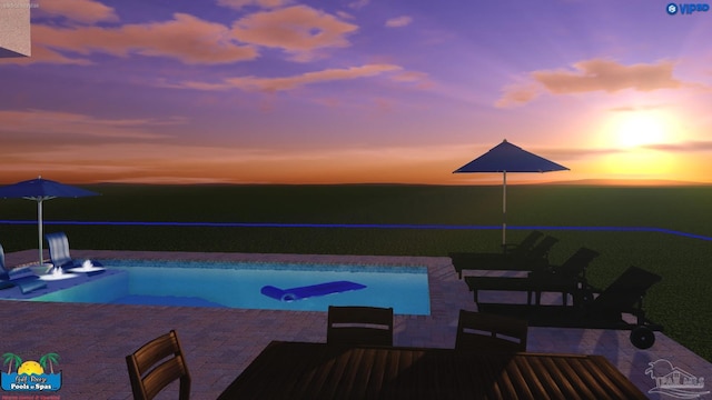 pool at dusk with a patio