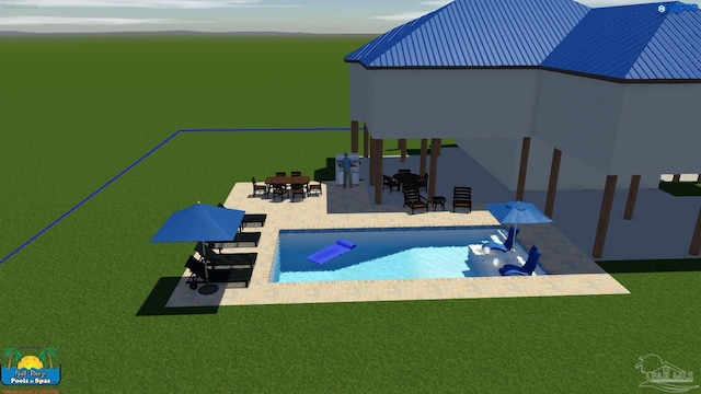 view of pool featuring a patio area and a water view