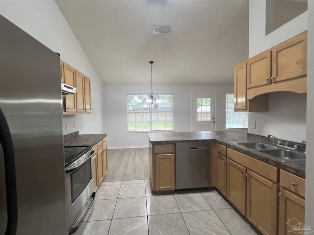 4888 La Casa Cir, Pace, FL 32571 - kitchen with stainless steel appliances, under cabinet range hood, vaulted ceiling, a sink, and a peninsula