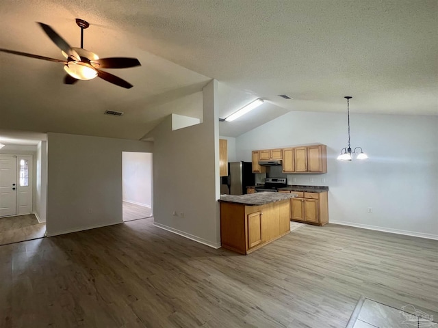 4888 La Casa Cir, Pace, FL 32571 - kitchen featuring appliances with stainless steel finishes, dark countertops, open floor plan, ceiling fan, and baseboards