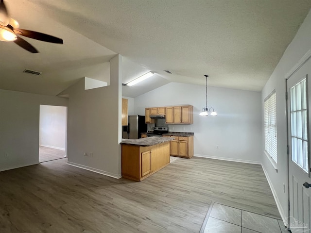 4888 La Casa Cir, Pace, FL 32571 - kitchen with stainless steel appliances, open floor plan, dark countertops, a chandelier, and vaulted ceiling