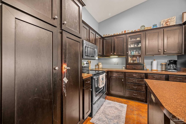 kitchen featuring glass insert cabinets, dark brown cabinetry, and stainless steel appliances