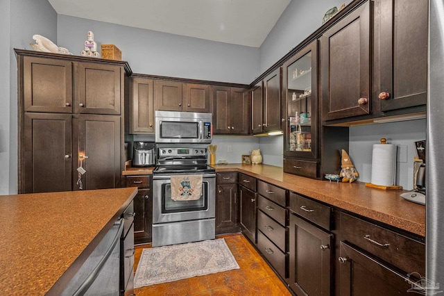 kitchen with glass insert cabinets, dark brown cabinets, and stainless steel appliances