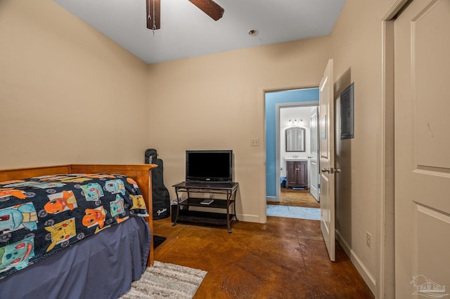 bedroom with baseboards, concrete floors, and ceiling fan