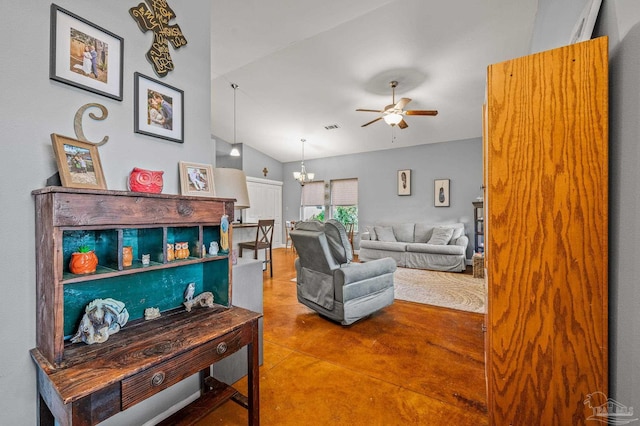living room featuring vaulted ceiling, ceiling fan with notable chandelier, finished concrete floors, and visible vents