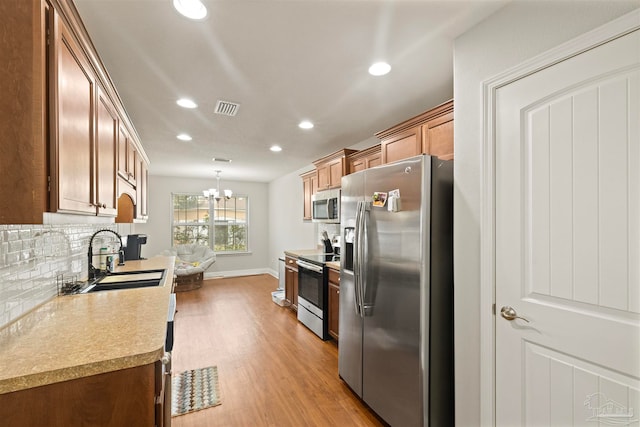 kitchen featuring stainless steel appliances, backsplash, decorative light fixtures, sink, and light hardwood / wood-style floors