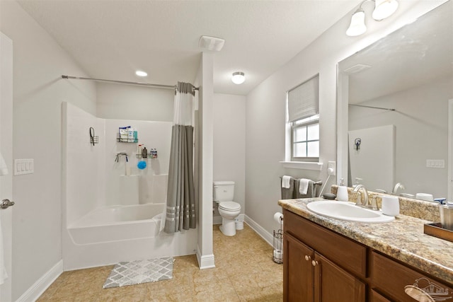 full bathroom featuring toilet, shower / bath combo, and vanity