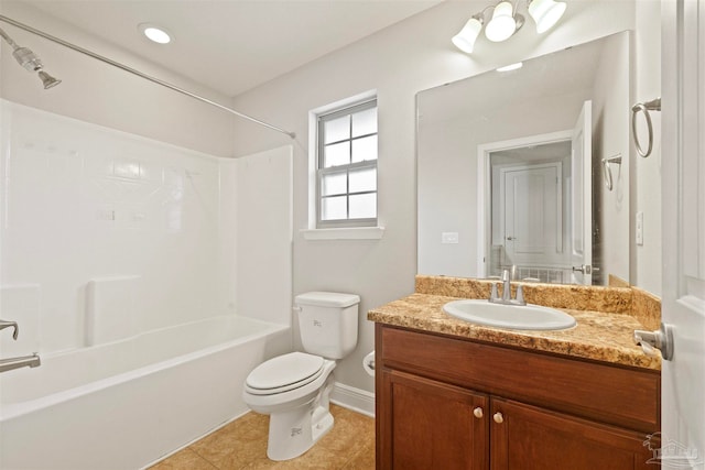 full bathroom with vanity, washtub / shower combination, tile patterned flooring, and toilet